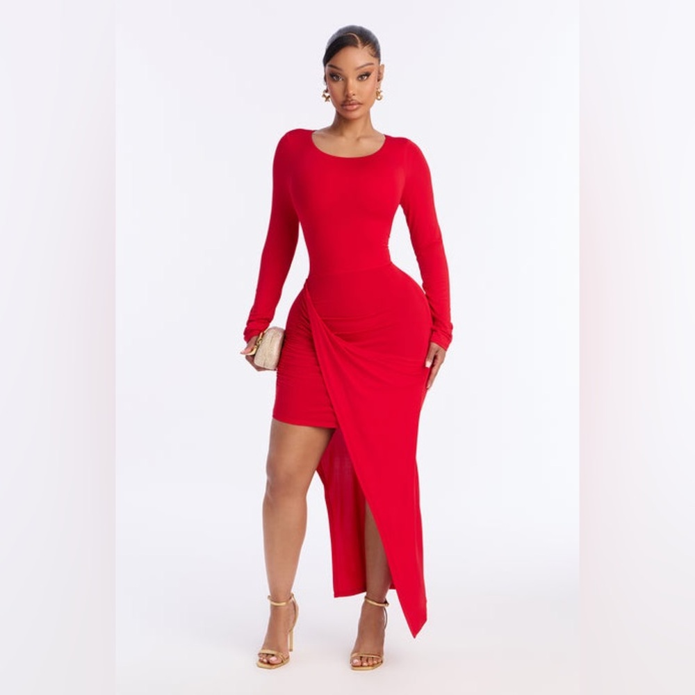 Elegant Red Long Sleeve Dress Lillien Ruched Draped Midi Dress - Red